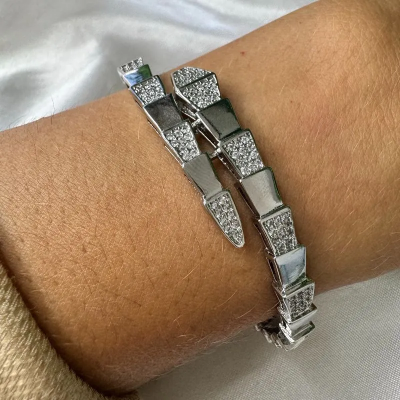 Bracelete Serpente Cravejado Zircônias Inspiração Jóia - Ródio Branco