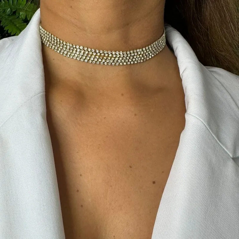 Choker 5 Fileiras de Riviera - Banhado a Ouro 18K