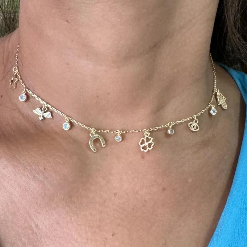 Choker com Pingentes da Sorte - Banhado a Ouro 18K