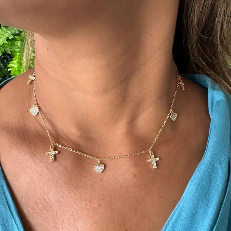 Choker Coração e Cruz Cravejados Zircônias - Banhado a Ouro 18K