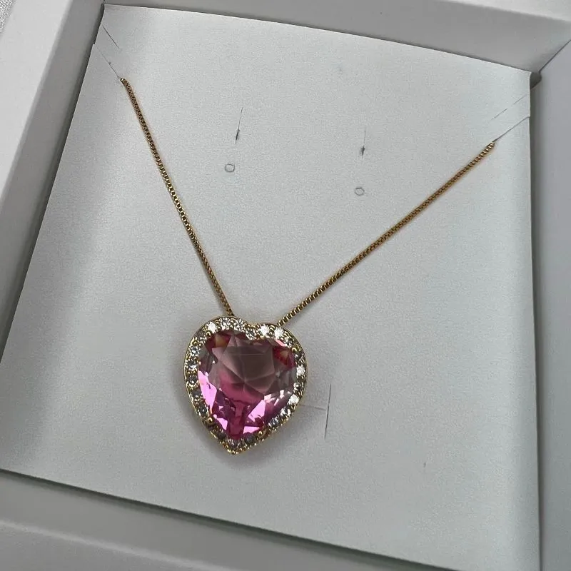 Colar Corrente Veneziana e Coração Rosa Cravejado Zircônias - Banhado a Ouro 18K