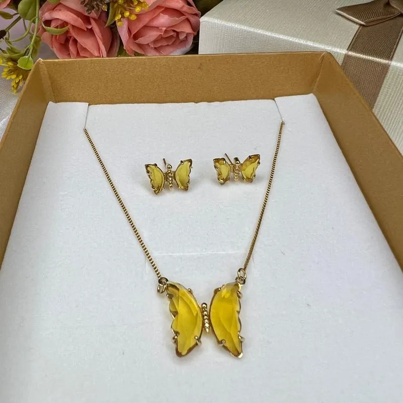 Conjunto Colar e Brinco Borboleta Cristal Amarelo - Banhado a Ouro 18K