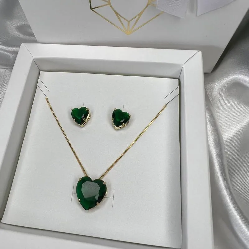 Conjunto Colar e Brinco Coração Cristal Verde - Banhado a Ouro 18K