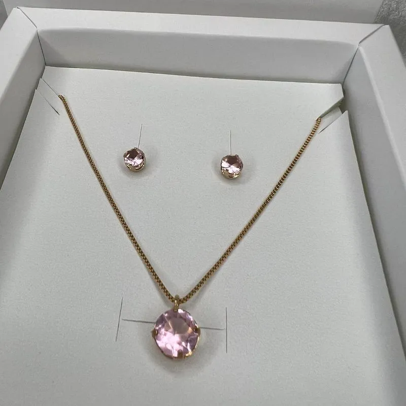 Conjunto Colar e Brinco Cristal Rosa - Banhado a Ouro 18K