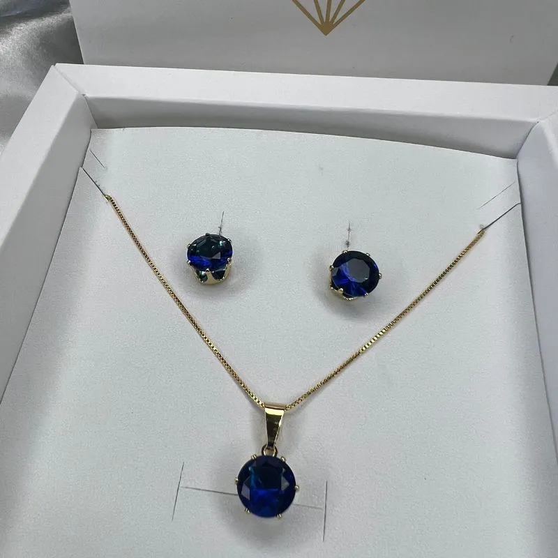 Conjunto Colar e Brinco Ponto de Luz Azul em Zircônia - Banhado a Ouro 18K