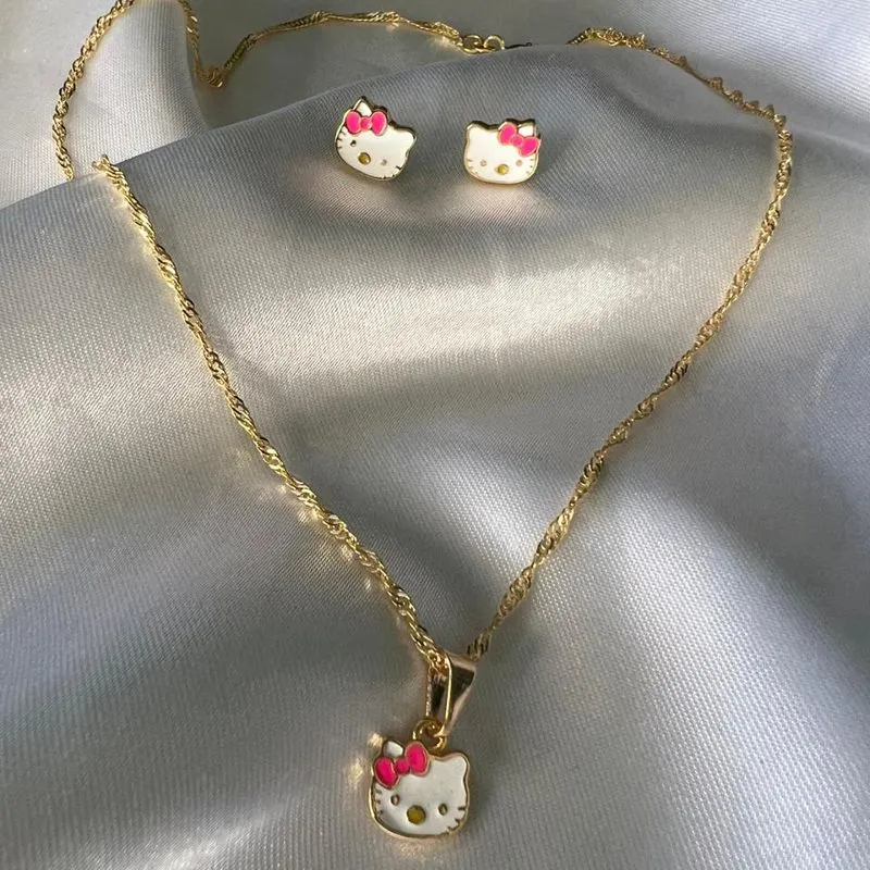 Conjunto Infantil Colar e Brincos Hello Kitty Esmaltado - Banhado a Ouro 18K