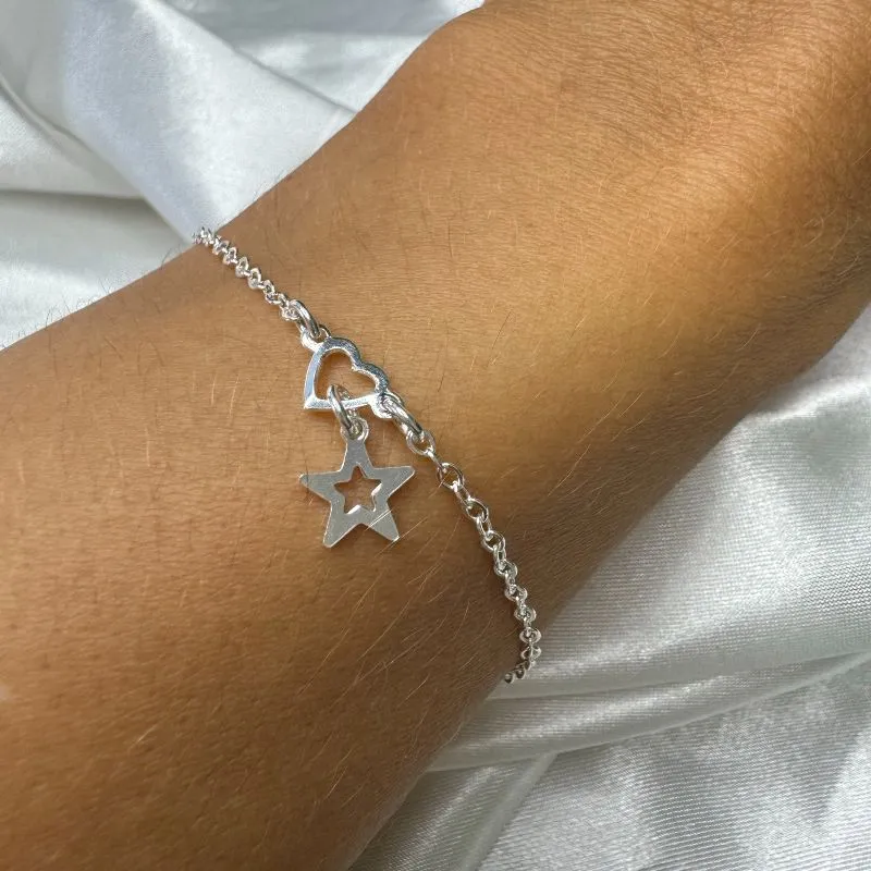 Pulseira Com Coração e Estrela - Prata925