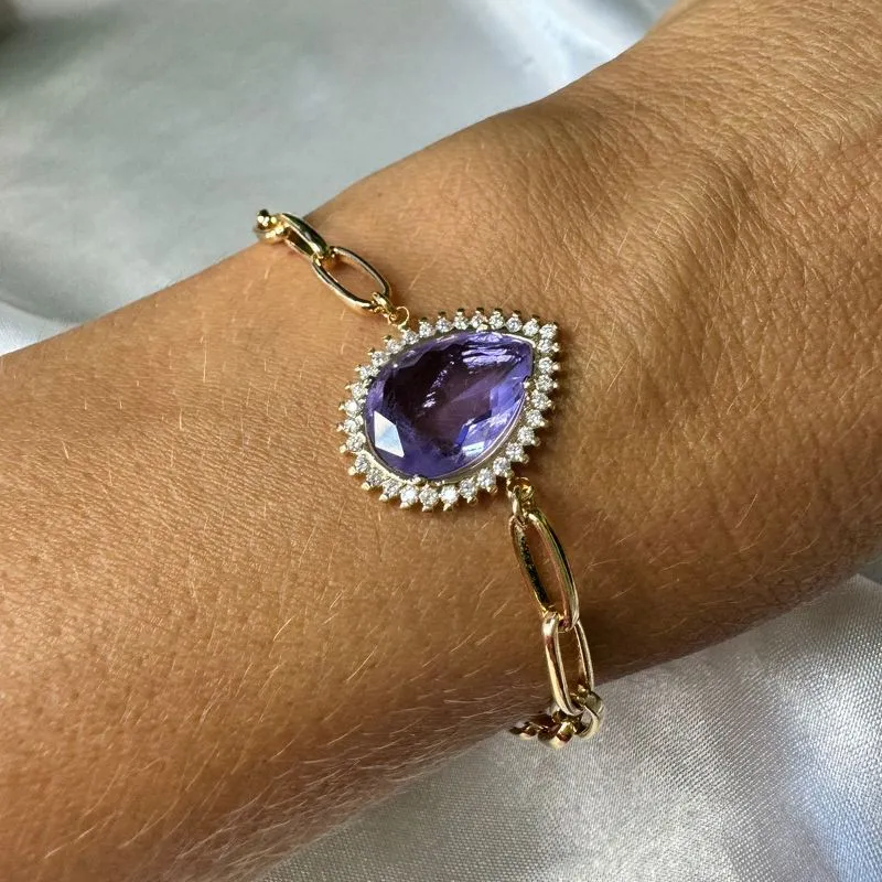 Pulseira Elo Cartier Gota Zircônia Lilás Cravejada - Banhado a Ouro 18k