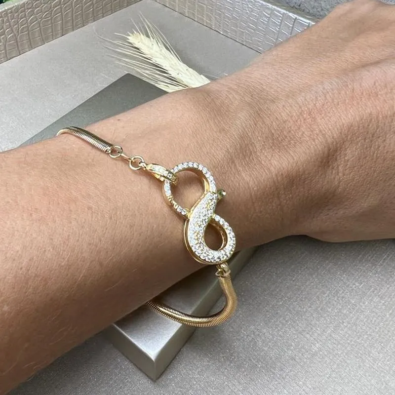 Pulseira Malha Serpente com Infinito Microzircônias - Banhado a Ouro 18k