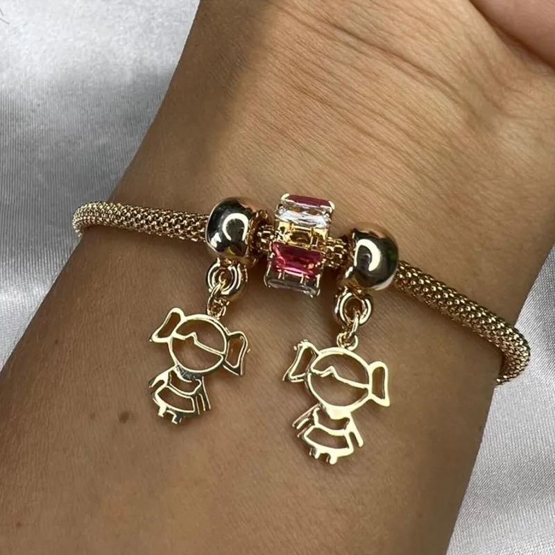 Pulseira Pingente Meninas e Separador Rosa - Banhado a Ouro 18k