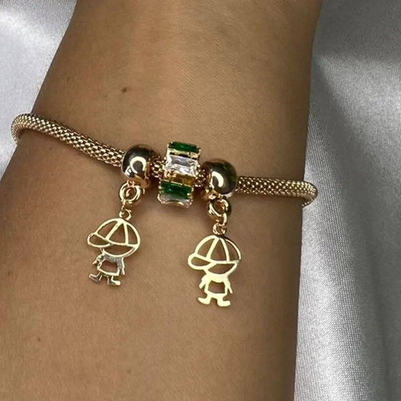 Pulseira Pingente Meninos com Separador Verde - Banhado a Ouro 18k