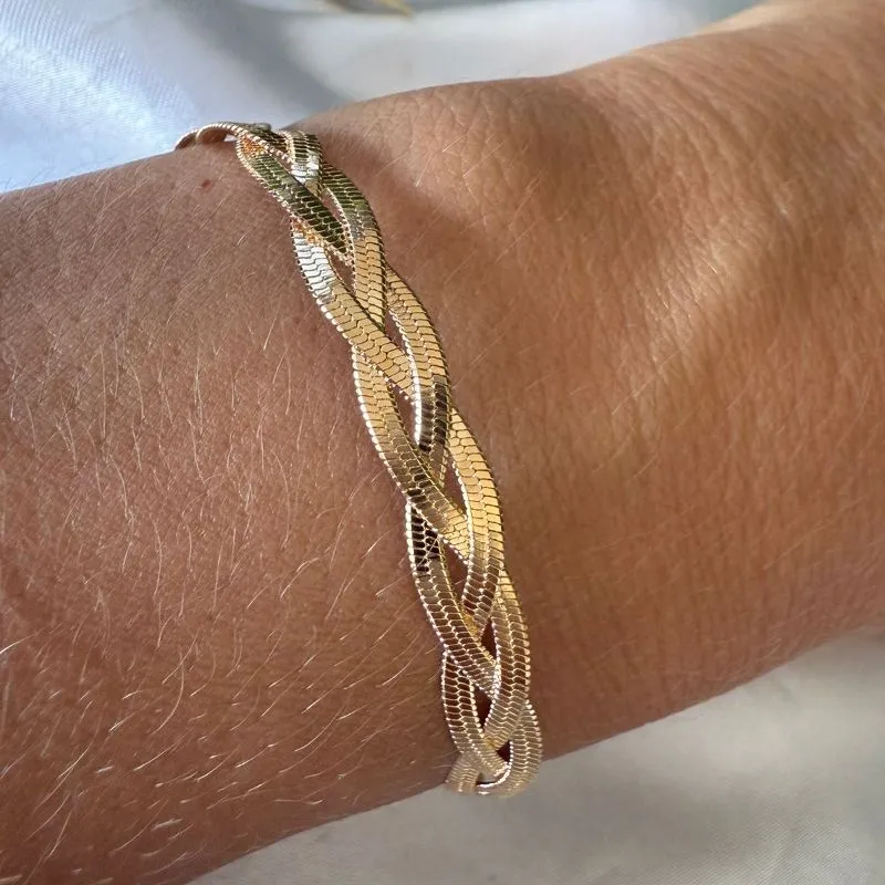 Pulseira Trançada Malha Fita - Banhado a Ouro 18K