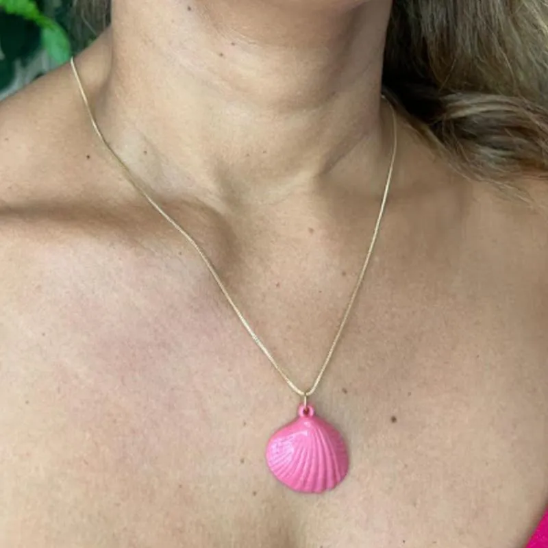 Colar Longo Pingente Concha Rosa - Banhado a Ouro 18K