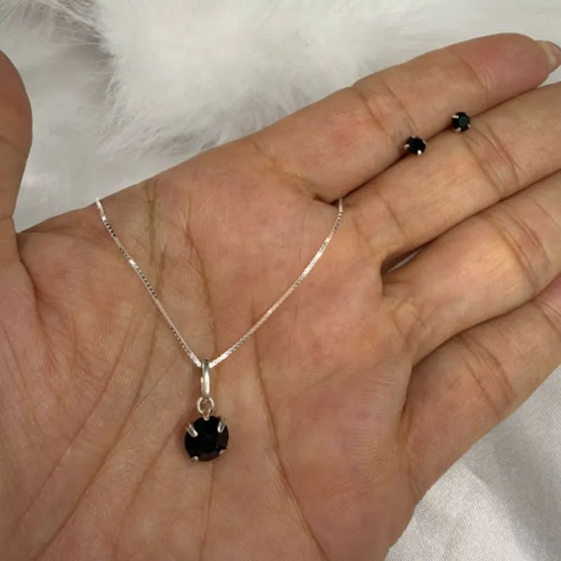 Conjunto Colar e Brincos Ponto de Luz Preto - Prata 925