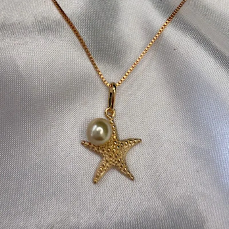 Pingente Estrela do Mar e Pérola - Banhado a Ouro 18K